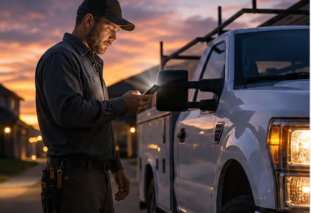 A local service-business owner checking a call beside an unbranded work truck at dusk.