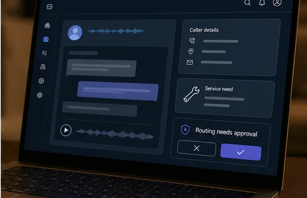 Illustrative private receptionist preview showing a call transcript and captured caller details.