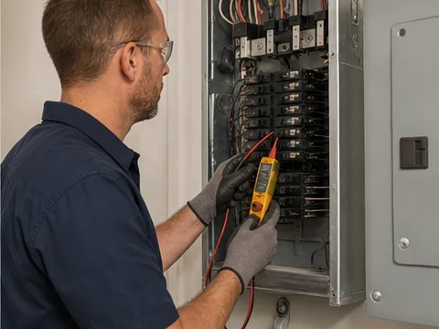 Electrician testing a breaker panel in a clean utility space.