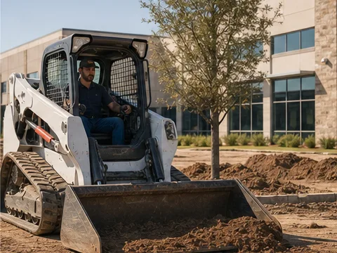 Equipment operator using a compact loader at a commercial property.
