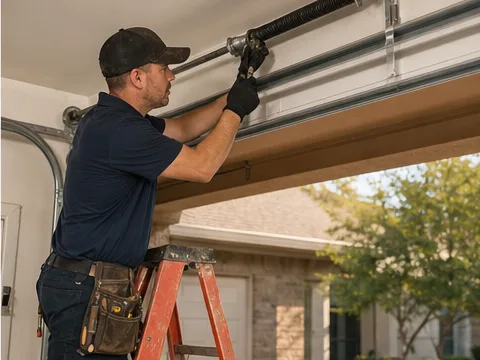 Garage-door technician adjusting a residential door track.