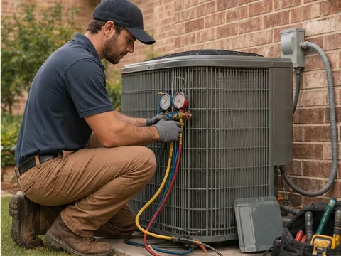 HVAC technician servicing an outdoor condenser beside a North Texas brick home.