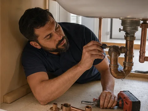 Plumber repairing pipework beneath a sink.