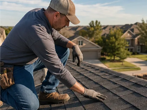 Roofer inspecting shingles above a DFW neighborhood.